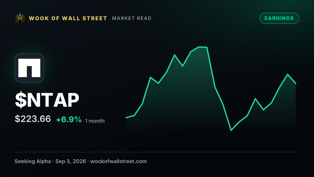 NetApp forecasts FY2027 revenue of $7.975B-$8.225B while raising EPS outlook to $9.73-$10.03 — $NTAP one-month chart