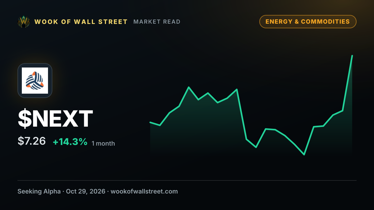 NextDecade expects first LNG from Train 1 in Q2 2027 and targets Train 6 FID in second half of next year — $NEXT one-month chart