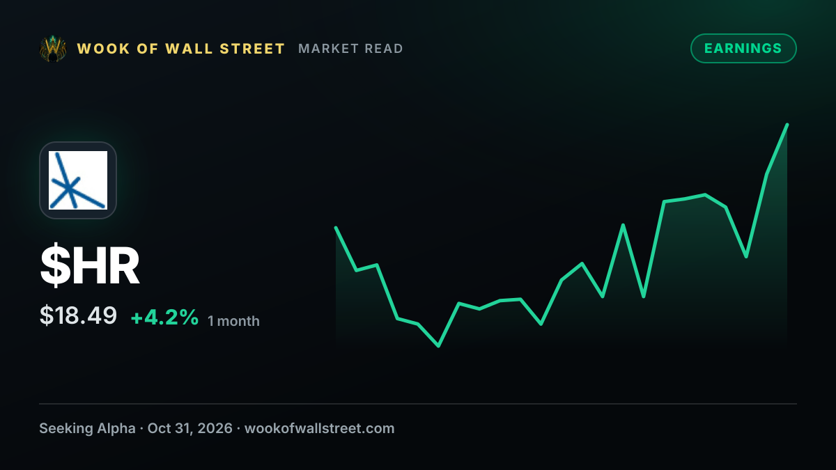 Healthcare Earnings Scoreboard: 96% beat EPS estimates, 70% post Y/Y earnings growth — $HR one-month chart