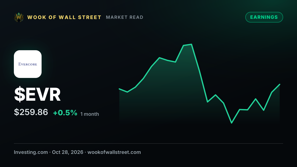Evercore Q3 2026 slides: record results, #3 in advisory fees — $EVR one-month chart