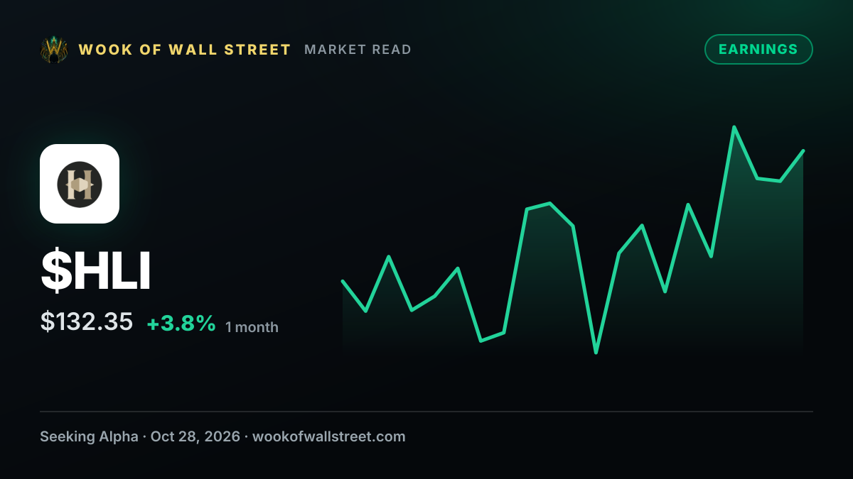 Houlihan Lokey expects fiscal 2027 adjusted tax rate of 26%-28% as restructuring outlook extends into fiscal 2028 — $HLI one-month chart
