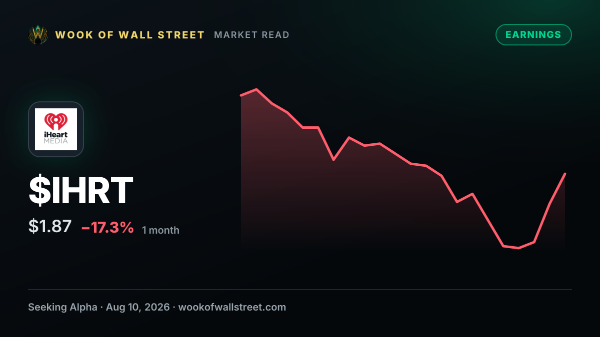 IHeartMedia reaffirms $800M adjusted EBITDA and $200M free cash flow targets as Q3 EBITDA is guided to $180M-$220M — $IHRT one-month chart