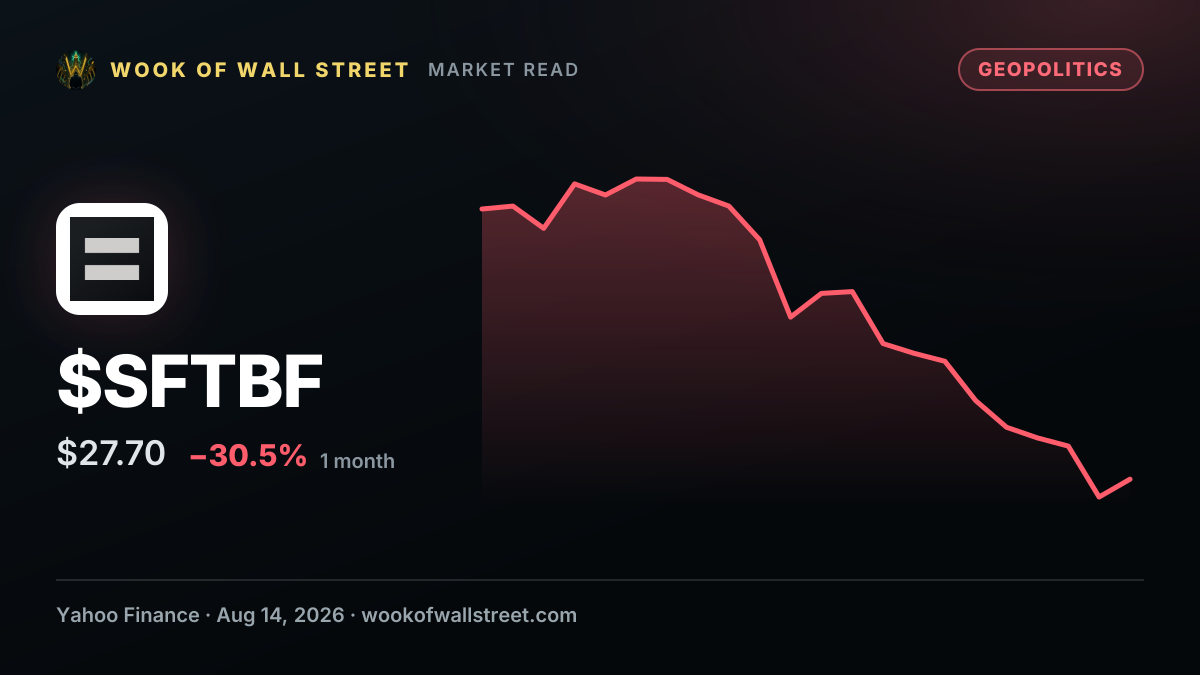 SEC filing shows Softbank initiates stake in Capital One; sells 71.5% of its Taiwan Semi holdings — $SFTBF one-month chart