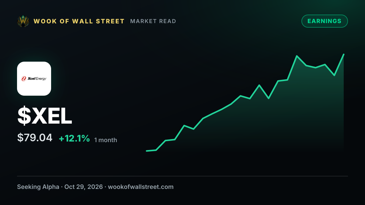 Xcel outlines $70B 5-year investment plan while initiating 2027 EPS guidance of $4.48-$4.62 — $XEL one-month chart