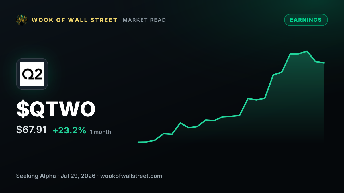 Q2 Holdings forecasts $881M-$886M 2026 revenue while raising subscription growth view to 14.5% — $QTWO one-month chart